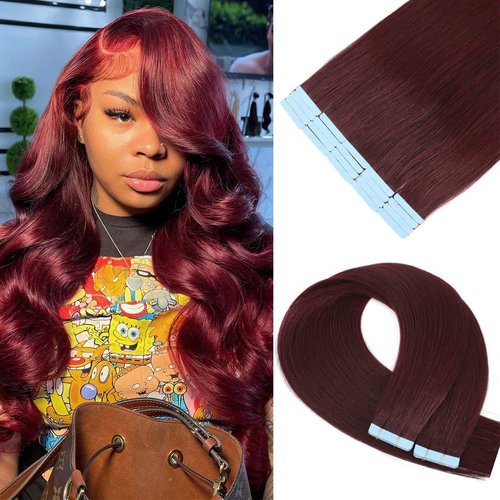 Tape in Hair Extenions 99j Burgundy Color 100% Remy Human Hair Tape in Straight Seamless Skin Weft Tape Hair Extensions Real Natural Hair Extensions 40g 20Pcs （24 inches）