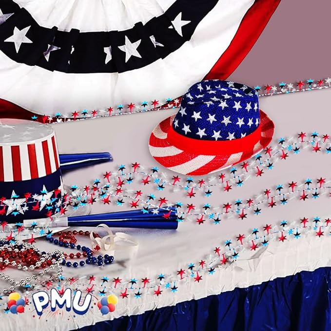 PMU 300 Ft Patriotic Star Garlands with Wire, Shiny Metallic Garland for 4th of July, National Day, Independence Day, Red, White and Blue (12pc-25Ft Each)