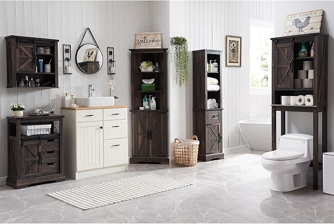 RedLemon Farmhouse Over The Toilet Storage Cabinet Set of 2, 68" Tall with Sliding Barn Doors & Adjustable Shelves, Rustic Above Toilet Storage Cabinet, Dark Rustic Oak