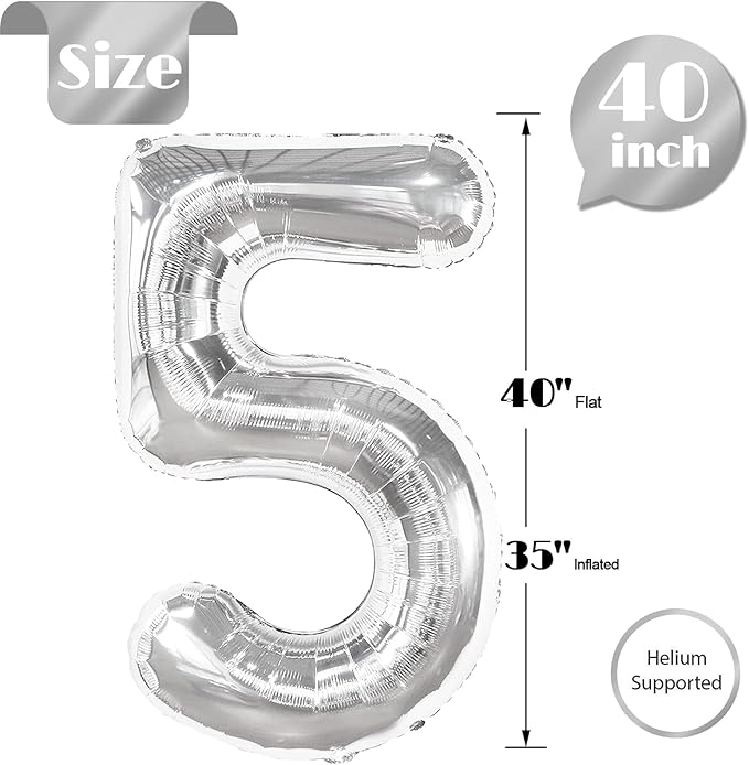 Silver Number 5 Balloon 40 Inch, 5 Balloon Number, 5th Birthday Decorations, Silver Party Supplies for Boys Girls