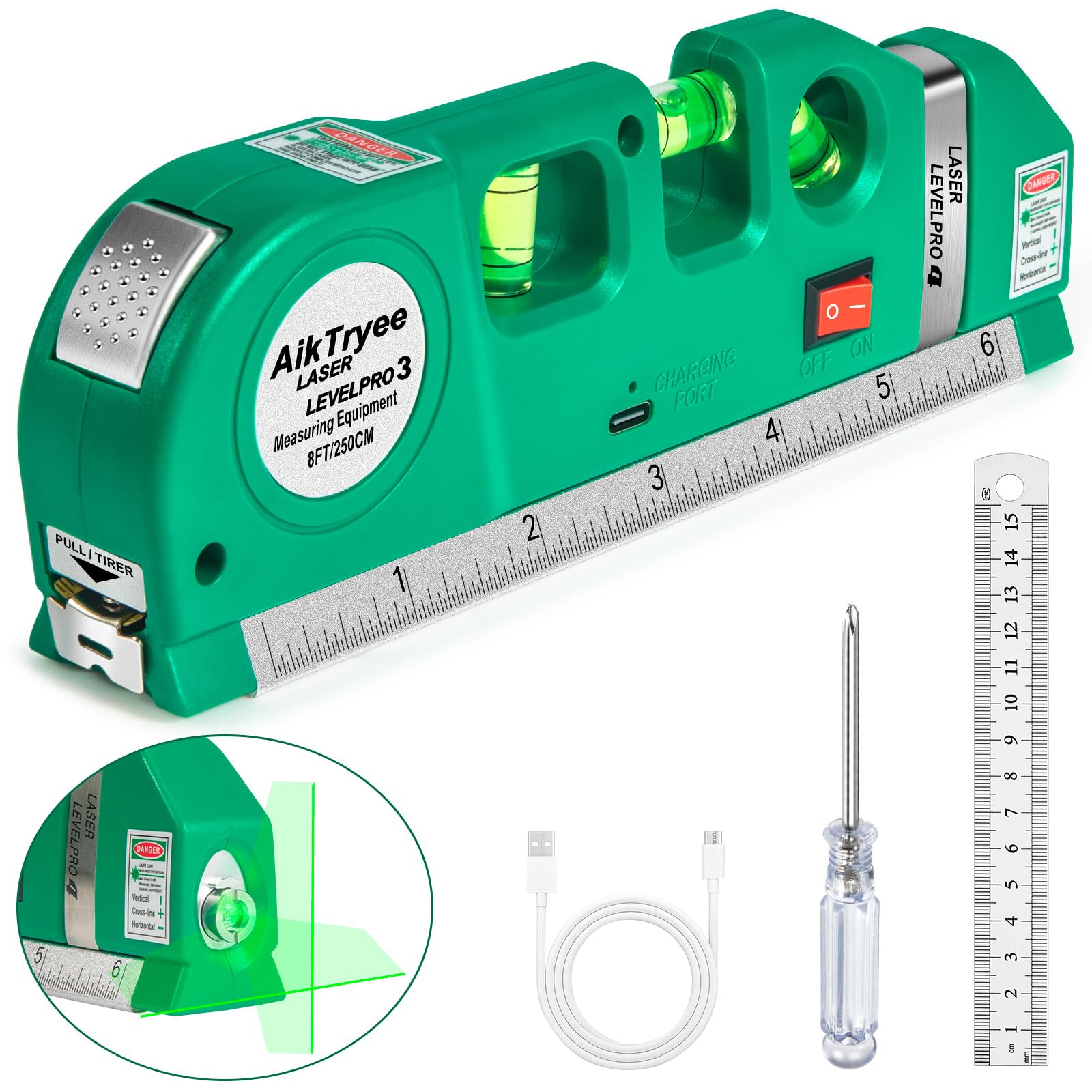 Level Tool Laser Level Leveler tool Cross Line Vertical and Horizontal Line with USB Rechargeable for Picture Hanging cabinets Tile Walls by AikTryee.