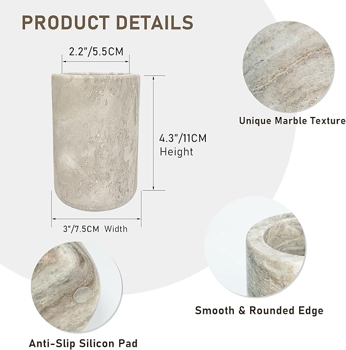 Natural Marble Toothbrush Holder for Bathroom Countertop Toothbrush Makeup Brush Holder for Bathroom,Toothpaste Organizer,Razor Stand,Anti-Slip Rubber Pad (NS043)
