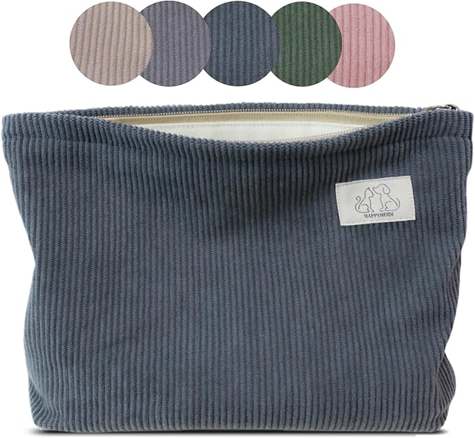 HAPPYHEIDI Dark Gray Corduroy Makeup Bag Cosmetic Toiletry Travel Pouch, Make Up Accessory Purse Organizer, Canvas Lined