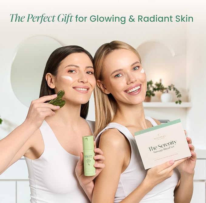 PLANTIFIQUE Massage Ritual Set: Premium Certified Jade Gua Sha + Jojoba Oil & HA Serum Skin Care Set, Birthday Gifts for Women, Teens, Mom, Brides