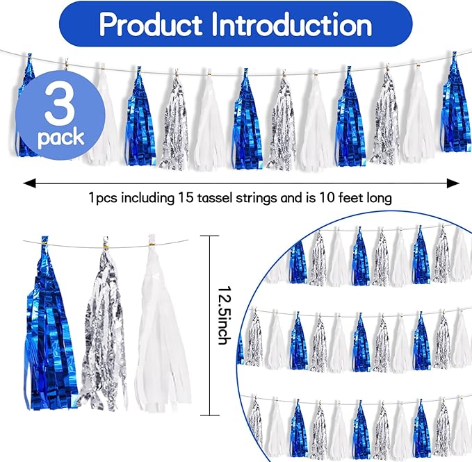 BEISHIDA 3 Packs Blue Silver White Metallic Foil Fringe Tassel Garland, Tassels Banner Streamers for Car Floats Graduation Bachelorette Birthday Baby Shower Wedding Christmas Holiday Party Decoration