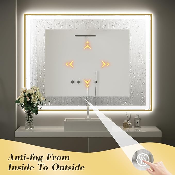 LED Bathroom Mirror, 40x30 Inch Frontlit & Backlit Gold Framed Lighted Mirror,Wall Mouted Vanity Mirror with Lights,Double Lights Strips,Anti Fog Stepless 3 Colors Temperature & Dimmable