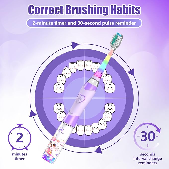 Kids Electric Toothbrush with Timer Toddler Toothbrush Age 2-4-8-12 Girls Electric Toothbrush Rainbow LED Light Up Vibrating Toothbrush Battery Operated Childrens Sonic Tooth Brush (Rabbit Purple)