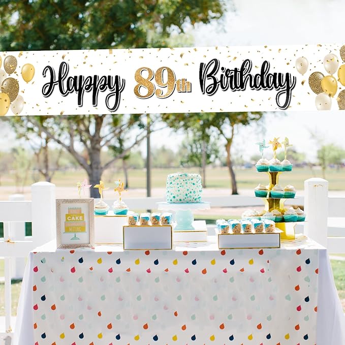 Happy 89th Birthday Decorations,89th Gold Balloon Large Birthday Hanging Banner Sign - Cheers to 89 Years Old Bday Party Supplies.