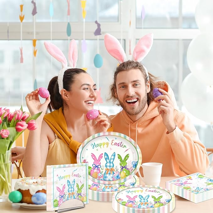Easter Plates and Napkins,Oval Easter Paper Plates and Napkins 100pcs Oval Bunny Plate and Napkin for easter Party Supplies,Serves 50