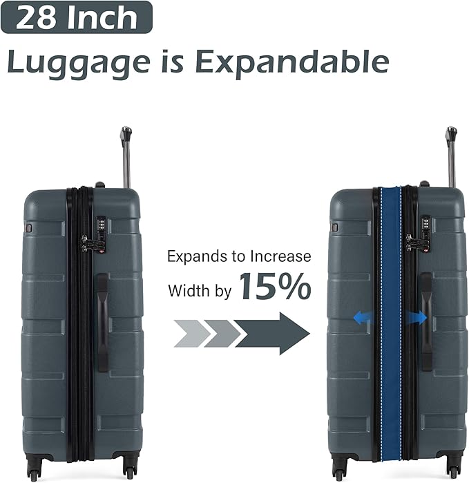 Coolife Expandable Large Checked Luggage Hardside PC+ABS Suitcase with TSA Lock, Lightweight Rolling Carry On with Spinner Wheels(Teal, 28in)