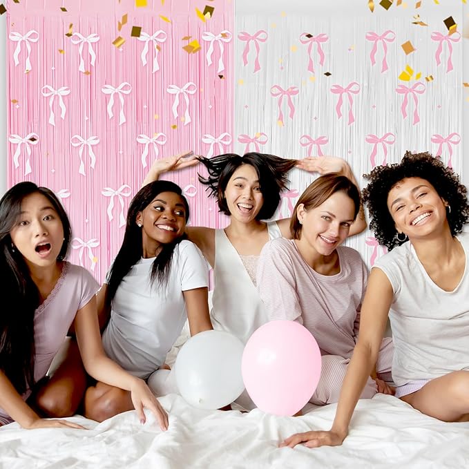 4 Pack Pink Bow Party Backdrop Decoration Pink Bow Foil Fringe Curtains for Girls Bow Birthday Baby Shower Decorations Bridal Shower Bachelorette Party Decor Supplies 3.2ft X 8.2ft