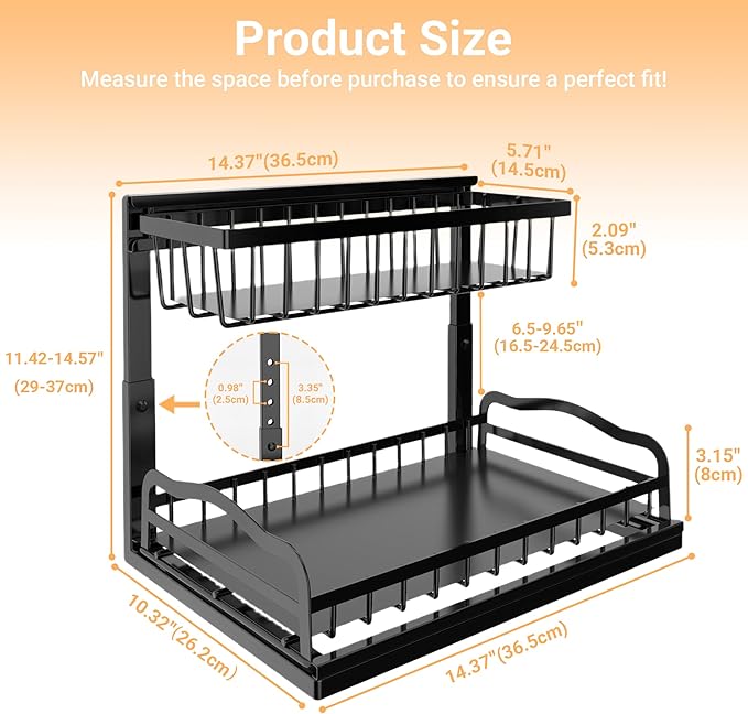 AceMining Under Sink Organizer, 2 Pack Pull-Out Under Cabinet Organizer, 2 Tier Under Sink Storage with Sliding Basket, L-Shaped and Adjustable Height Design for Kitchen and Bathroom