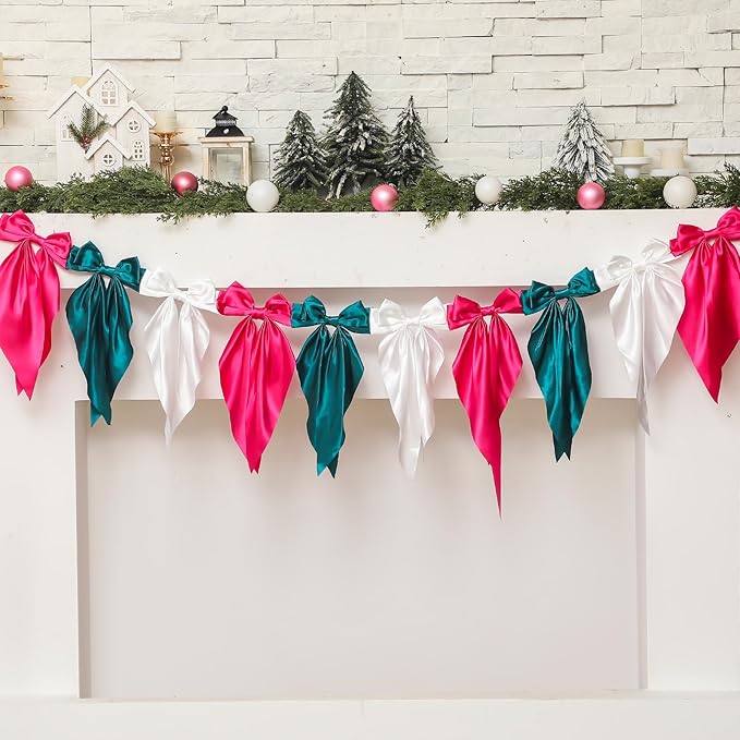 VitalCozy 1 PCS Christmas Bow Garland Banner, Satin Ribbon Hanging Party Bow Garland Decoration for Holiday Birthday Party Supplies