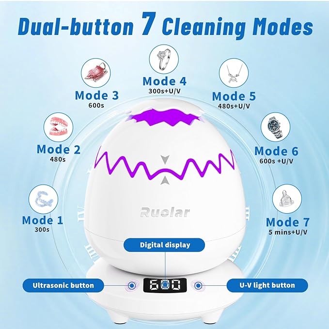 Ultrasonic Retainer Cleaner Machine for Dentures | 45kHz Dental Cleaning Pod for Mouth Guards, Aligner, Nightguard, Braces, Jewelry, Watch | 3 Timer Modes - with Cooling Fan & Split-Design