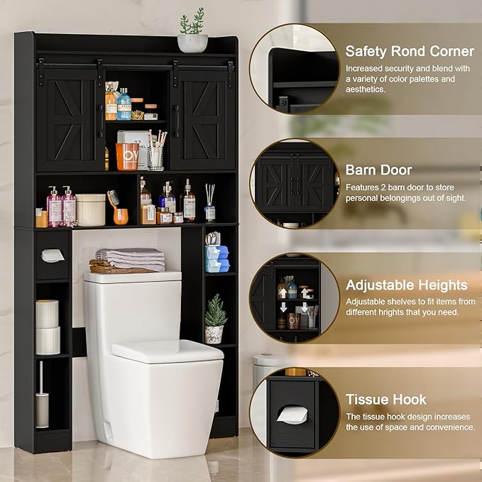 Farmhouse Storage Cabinet Over Toilet with Sliding Doors，Over The Toilet Storage Cabinet, Home Space-Saving Toilet Rack, for Bathroom, Restroom, Laundry.Pure Black
