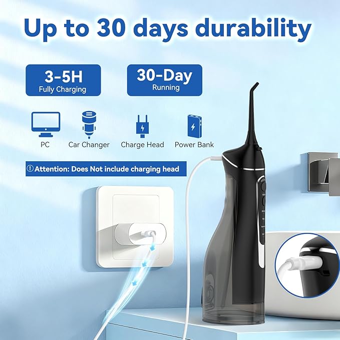 Cordless Portable Water Flosser with 300ML Tank: Rechargeable Oral Irrigator with 5 Tips for Travel, Braces Care and Sensitive Gums, IPX7 Waterproof Teeth Cleaning Device(Purple)