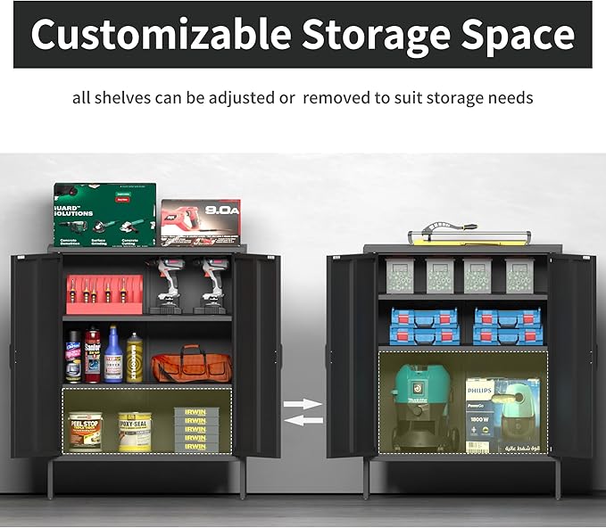 2 Door Metal Storage Cabinet with 2 Shelves, 3 Tier Garage Storage Locker Cabinet for Home, Entryway, Hallway and Office, Assembly Required, Black, (LC-CSG)