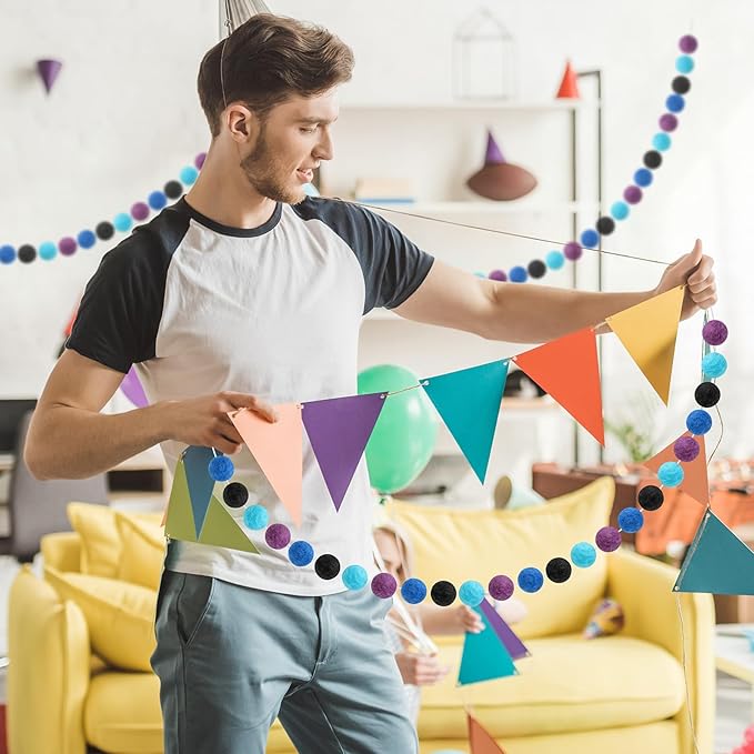 Boao 2 Pieces Wool Felt Ball Garland Colorful Pom Pom Garland Handmade 6.5 Feet Long 24 Balls Felt Banner for Wall Christmas Tree Decoration (Black,Purple,Blue)
