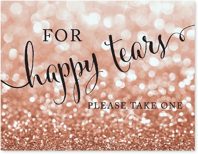 Andaz Press Wedding Party Signs, Glitzy Rose Gold Glitter, 8.5x11-inch, For Happy Tears Tissue Kleenex Ceremony Sign, 1-Pack, Bokeh Colored Party Supplies