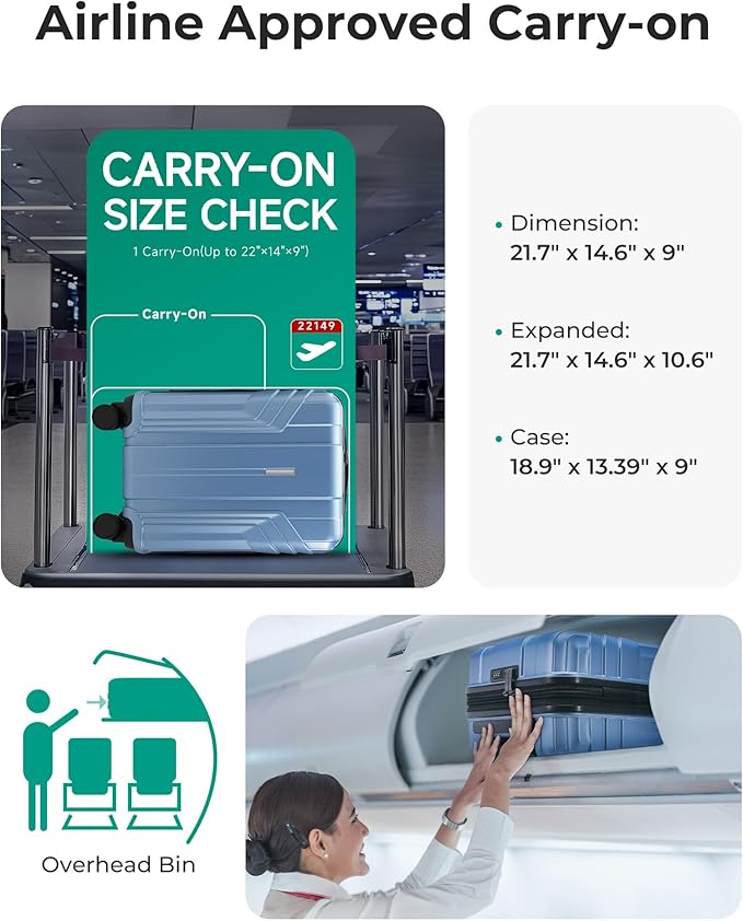 BAGSMART Expandable Carry On Luggage 22x14x9 Airline Approved, 1OO% PC Lightweight Hard Shell Suitcase, 20 Inch Travel Luggage with Spinner Wheels, Waterproof Rolling Suitcase,Blue