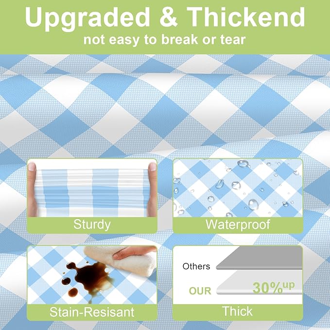 QIKSION Light Blue Gingham Tablecloth Disposable 6 Pack, 54 x 108 Inch Blue and White Checkered Table Cloth for Baby Shower, Easter Decorations, Birthday Party, Rectangle, Plastic Table Cover