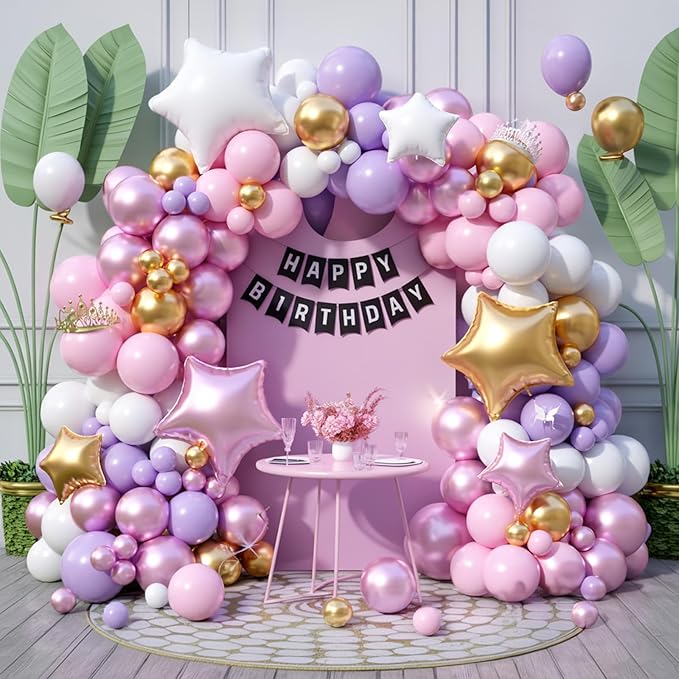 FunHot Pink Purple Balloon Arch Kit, Princess Balloon Garland, Pastel Pink Purple White Balloons Metallic Gold Star Foil Balloons for Girls Baby Shower Wedding Bridal Shower Birthday Party Decoration