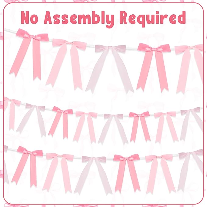Haooryx Pre-Strung Pink Bow Garland Banner - 3pcs Coquette Bow Pink Ribbon Hanging Banner Garland for Girls Birthday Bridal Shower Wedding Bachelorette Party Decoration Home Wall Photo Props Supply