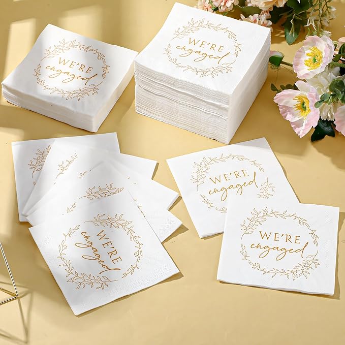 Kosiz 200 Pack We're Engaged Napkins Gift 3 Ply Disposable Paper Engagement Cocktail Napkins for Wedding Party Beverage Dinners Cake Tableware Decorations, 4.5 x 4.5 Inch