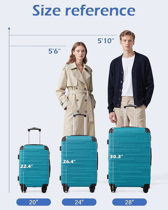 Coolife Hardside Checked Luggage with TSA Lock, Spinner Wheels, Telescopic Handle, Lightweight Suitcase (Blue, M(24in))