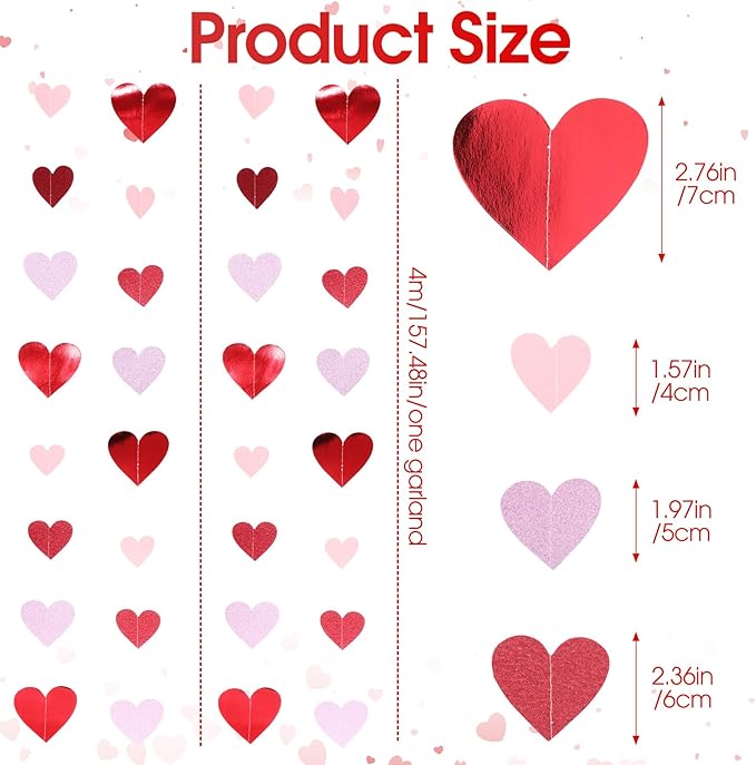 10 Pack 130ft Pink Burgundy-red Heart Party Garland Asymmetrical Love Hanging Banners for Wedding Decorations Mothers Day Bachelorette Bridal Shower Engagement