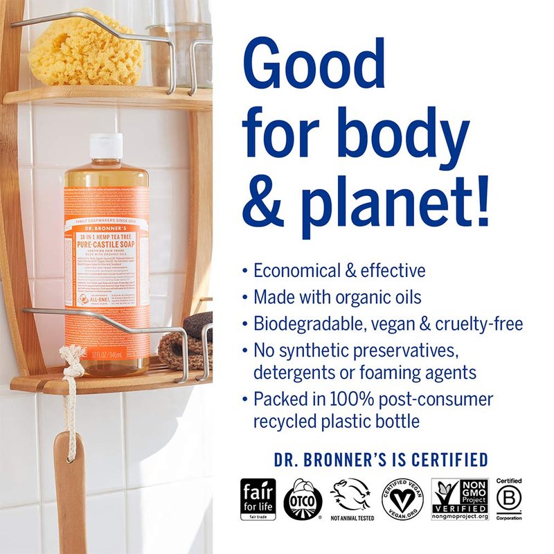 Dr. Bronner's Pure-Castile Liquid Soap – Tea Tree Bundle. 32 oz. Bottle and 2 oz. Travel Bottle