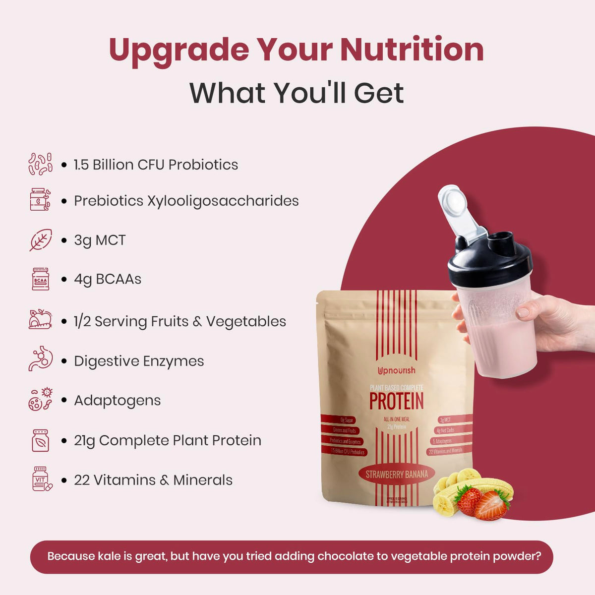UpNourish Strawberry Banana Vegan Protein Powder 54 Superfoods Powder,1.5 Billion CFU Probiotics 21g Plant Based Protein,No Sugar No Dairy No GMO Dairy Free,Meal Replacement Shake Keto-Friendly Low-Carb Diet,15 Servings