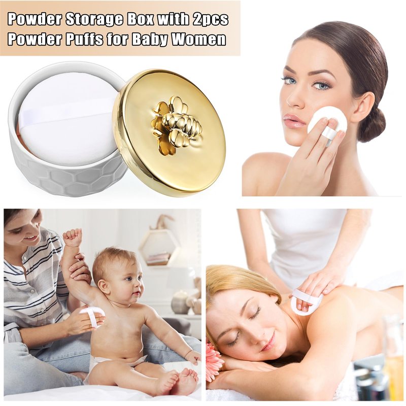 ELLDOO Body Powder Puff and Container, Ceramic Loose Dusting Powder Storage Box with 2pcs Powder Puffs for Baby Women, Jewelry Trinket Box with Golden Bee Lid