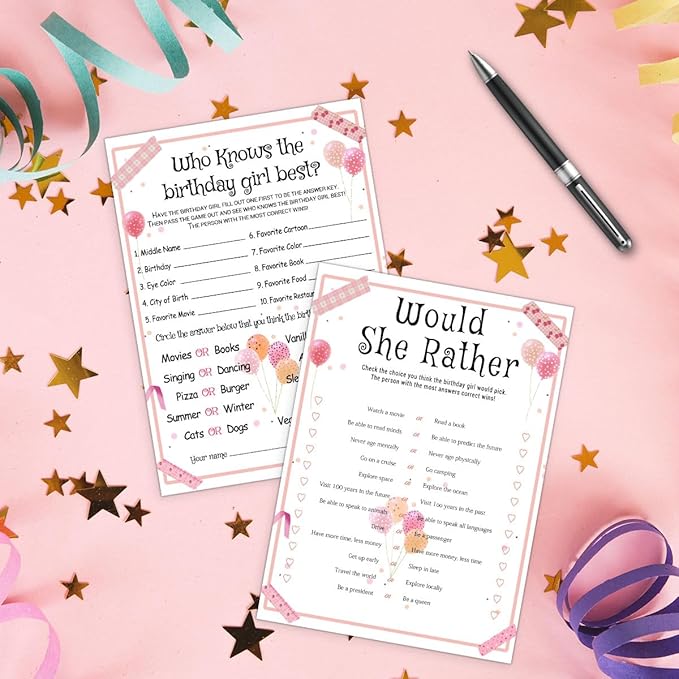 ALodr 20 Pcs Who Knows the Birthday Girl Best, Would She Rather Games for Girl Birthday Party, Funny Birthday Party Games, Double Sided, 5x7 Inches