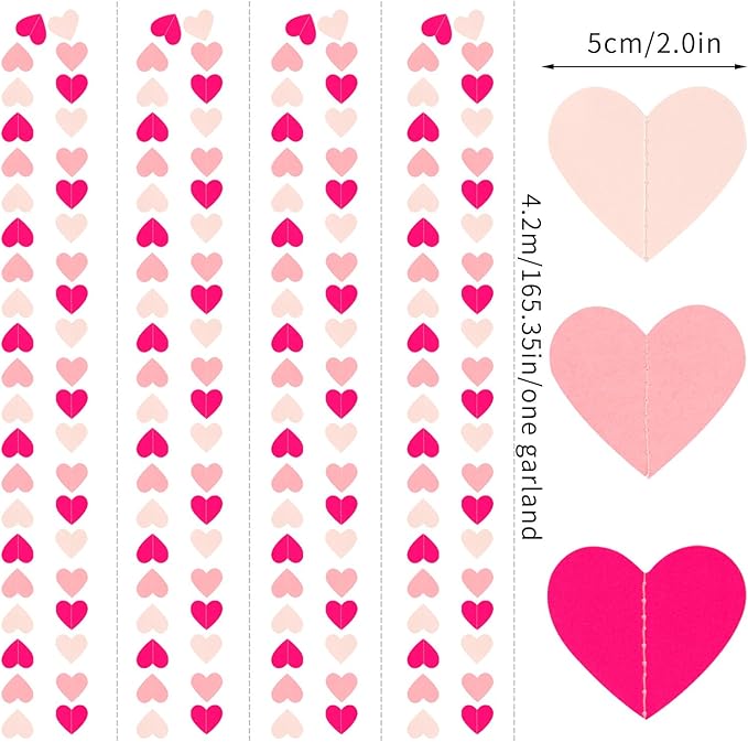 Hot-Pink Valentines-Day Party-Decorations Heart Garland - 52Ft Proposal Special Night Galentines Wedding Paper Streamers Banner, Girl Birthday Engagement Bachelorette Decor Lasting Surprise