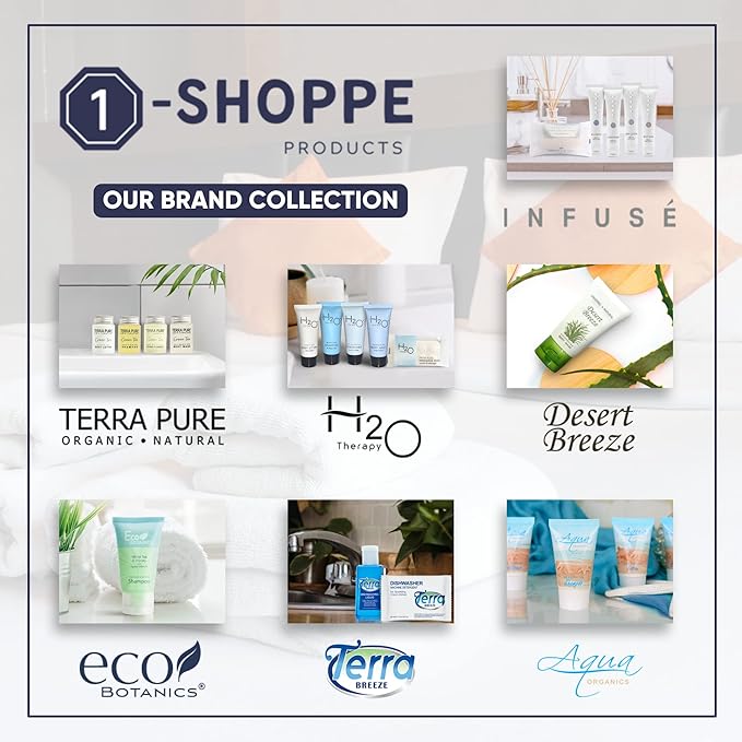 Eco Botanics Toiletries Set | 1-Shoppe Amenities Kit | 0.85oz Shampoo & Conditioner, Body Wash, Lotion | Travel Size | 80 Pieces