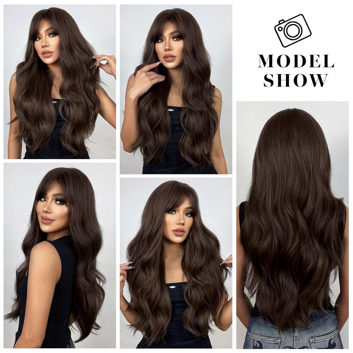 YOUGRACE Dark Brown Wig with Bangs, Wavy Wigs for Women Synthetic Hair Wig for Daily Party Use 26 Inch