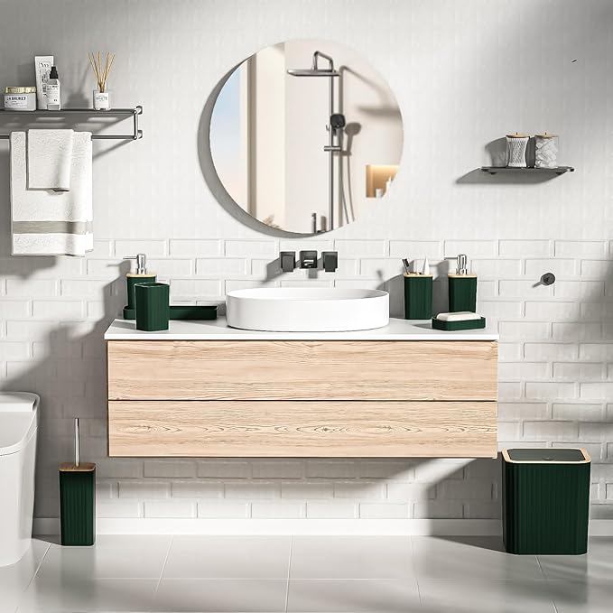 Bathroom Set - Elegant Green Bathroom Set, 10PC Green Bathroom Accessories Set, Bathroom Sets with Toilet Brush, Bathroom Trash Can