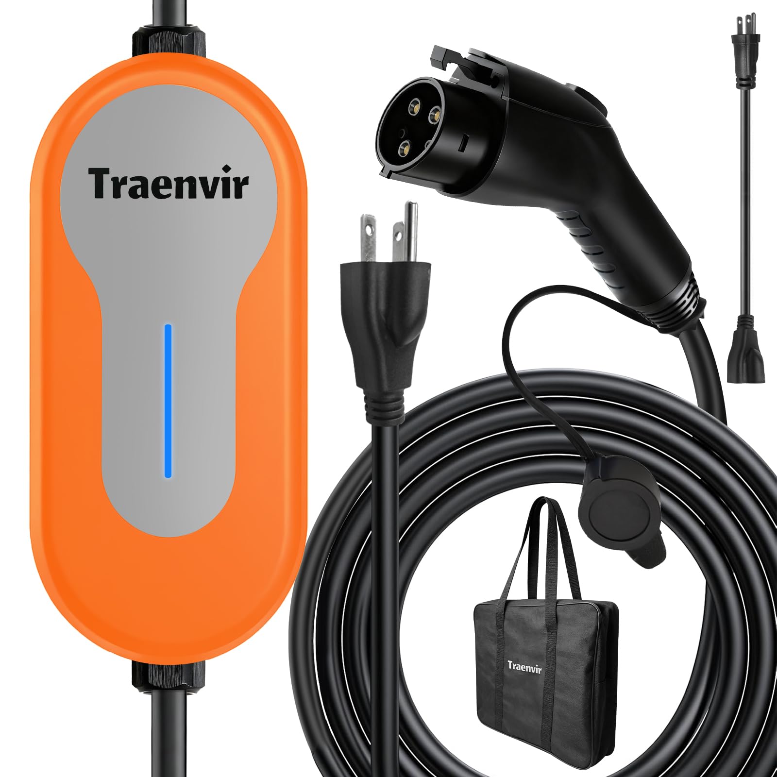 Traenvir Level 1 & 2 EV Charger, 16 Amp Portable Electric Vehicle Charger with 20FT Cable, 110-240V Home EV Charging Station for