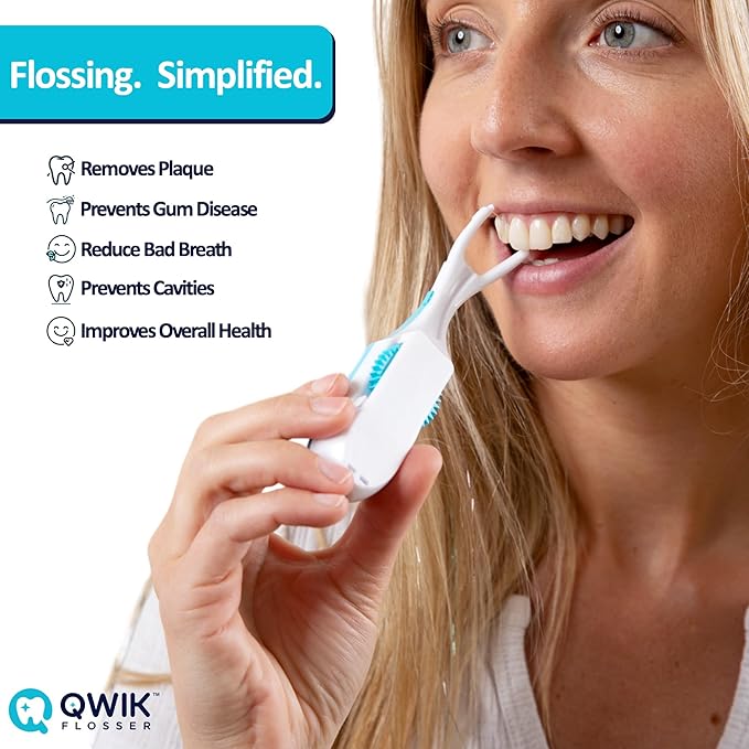 QWIK Automatic Dental Flosser | Click-to-Use, Reusable & Refillable | Pre-Loaded Floss with Travel Cover | Easy Flossing for Plaque Removal, Clean Teeth & Fresh Breath (Dark Blue)