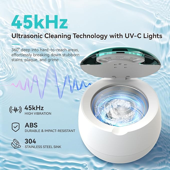 Denture Ultrasonic Retainer Cleaner Machine - 45kHz Retainer Cleaner Machine with 200ML Dental Pod, 9 Modes Ultrasonic Cleaner for Denture, Mouth Guard Clenching, Aligner, Braces, Toothbrush, Jewelry