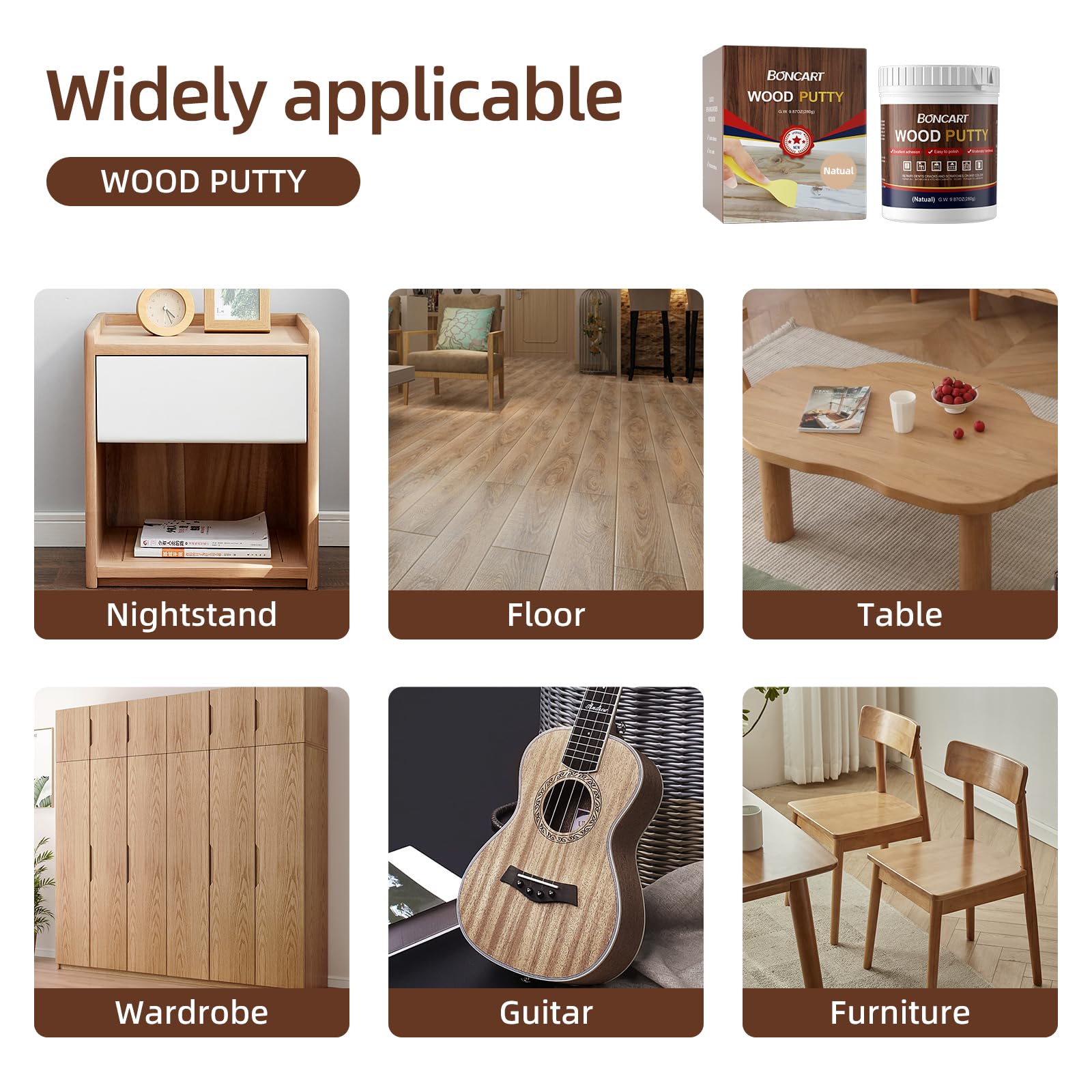 Boncart Wood Filler,Wood Putty,Wood Filler Paintable,Wood Repair Putty Stainable,9.87 Ounce Natual Wood Filler,Wood Furniture Repair Kit,Quickly Repair Any Broken and defective Wooden Furniture
