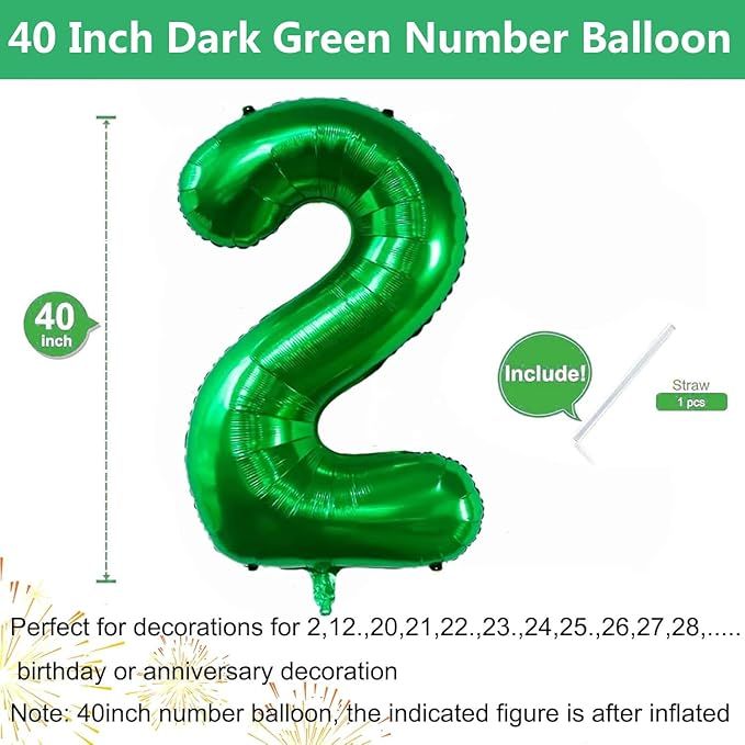 Green Number Balloons, 40 Inch Dark Green Balloon 2.2 Helium Balloon 2nd Birthday for 2 Years Birthday Party Wedding Anniversary Decoration Children Girls Boys