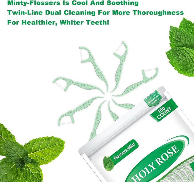 Holy Rose Mint Twin Line Dental Floss Picks - 300 Count Pack, Dual-Action Cleaning Teeth Tool Kit,for Adults Flosser Sticks, for Oral Removal Care Comfort Dental Floss Toothpick.
