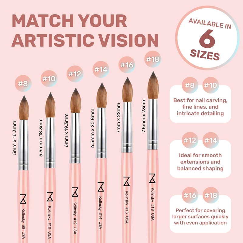 M – Majesti Pink 100% Kolinsky Acrylic Nail Brush | Professional Acrylic Sculpting & Application Brush | Handcrafted Premium Nail Art Tool for Nail Technicians (#14)