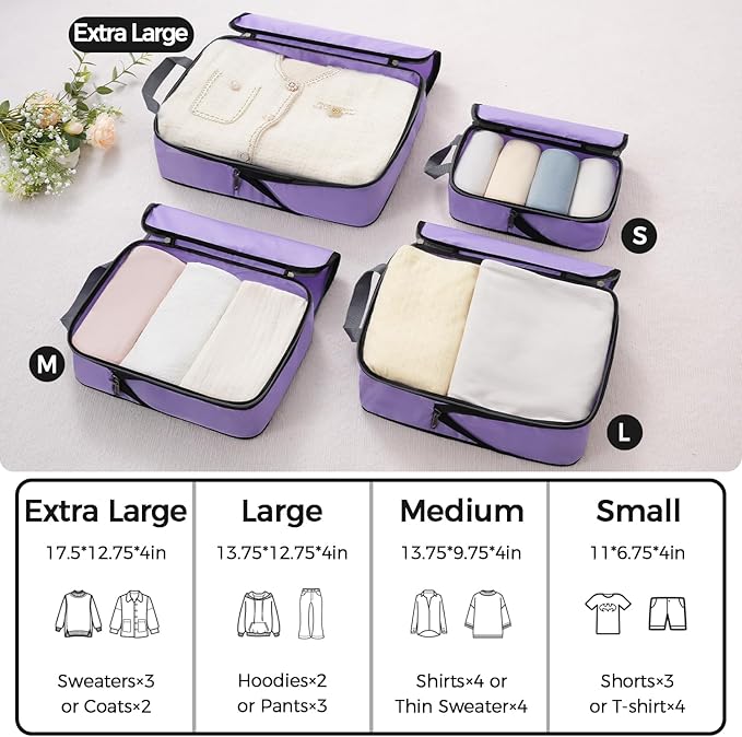 BAGAIL 4 Set/6 Set/8 Set Compression Packing Cubes Travel Accessories Expandable Packing Organizers(Lavender ClothPattern 4 Set)
