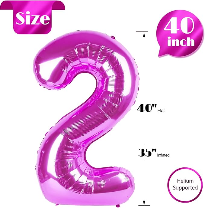 Rosy Purple Number 2 Balloon 40 Inch, 2 Balloon Number, 2nd Birthday Decorations for Baby Girls Boys Toddlers