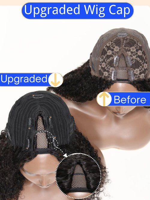 Nadula EasiContour V Part Curly Wigs Human Hair No Leave Out Ombre Black to Chestnut Brown Clip in V-part Wig,12A Glueless Highlight Upgrade U Part Human Hair Wig Ready to Go 180% Density 14inch
