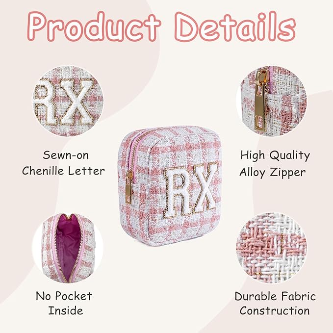 Small Medicine Bag for Travel, Personalized RX Chenille Letters Checkered Pouch for Women and Girls, Cute Meds Drug Makeup Bags with Zipper (02Pink Checkered)