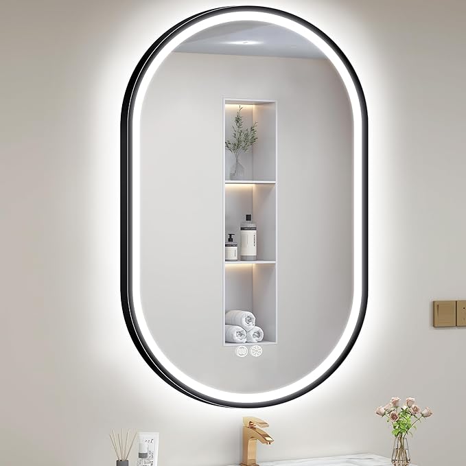 S'bagno 24x36 Oval Black LED Mirror for Bathroom with Frontlit & Backlit, LED Bathroom Mirror with Metal Frame, Anti-Fog, Stepless Dimmable, 3 Colors Temperature LED Vanity Mirror(Horizontal/Vertical)